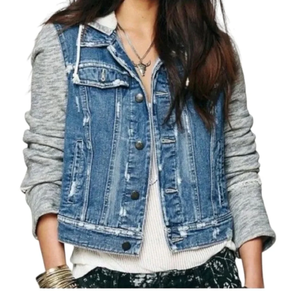 Free People Hooded Denim Jacket Size XS Cotton Distressed Removable Hood - Picture 7 of 13